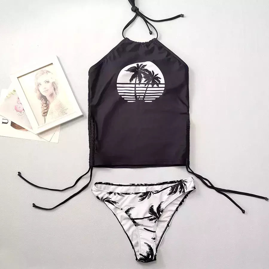 Conjunto de tankini amarrado monocromático feminino, maiô halter, maiô sexy, maiô de praia sem costas, biquíni verão, 2024