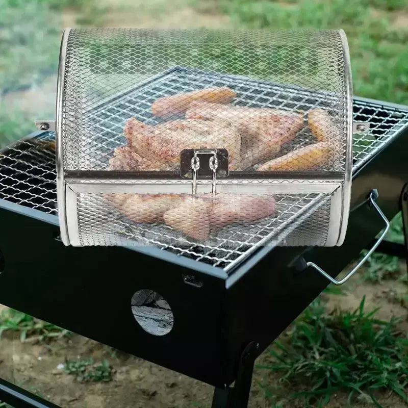 Forno de aço inoxidável rotativo redondo grill gaiola nozes grãos café cesta cozimento para churrasco fritadeira ar rotisserie acessórios