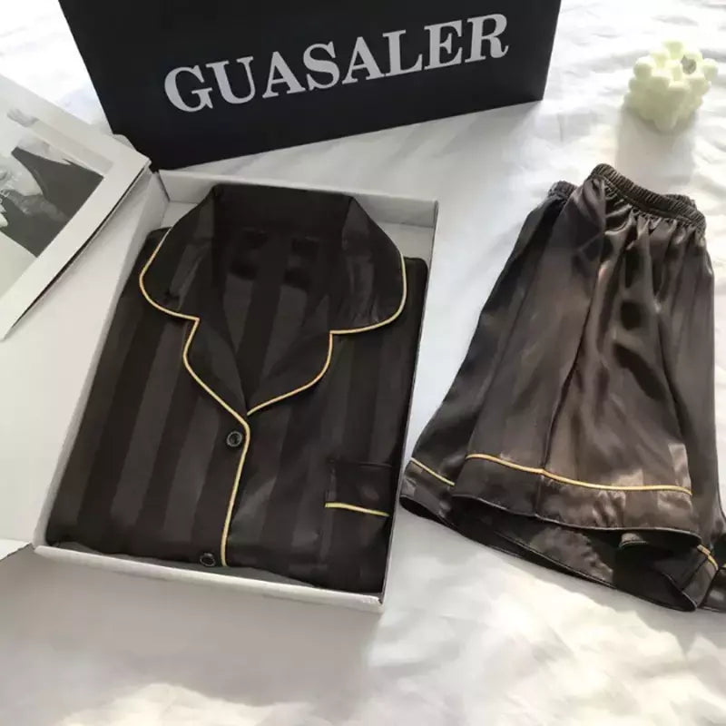 Pijama feminino de seda gelo, manga curta, calça curta, seda de simulação, roupa doméstica, cor sólida, listrado, estudante, conjunto 2 peças, S, L