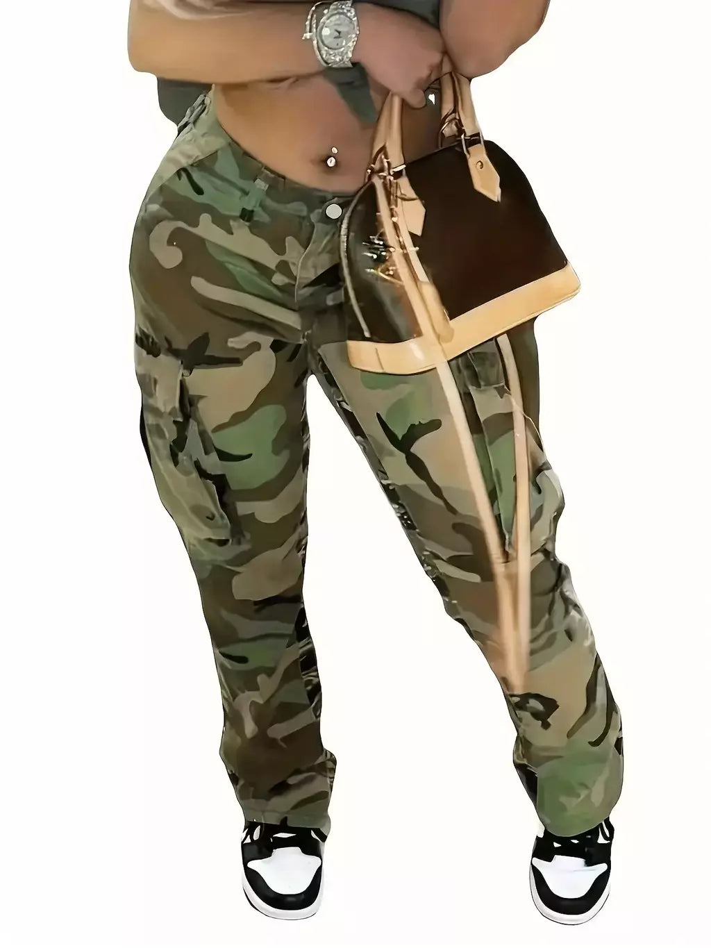Camo Print Side Flap Pocket Calça Jeans de carga feminina, ajuste solto, elástico, Kpop Denim Pants, Y2K Roupas