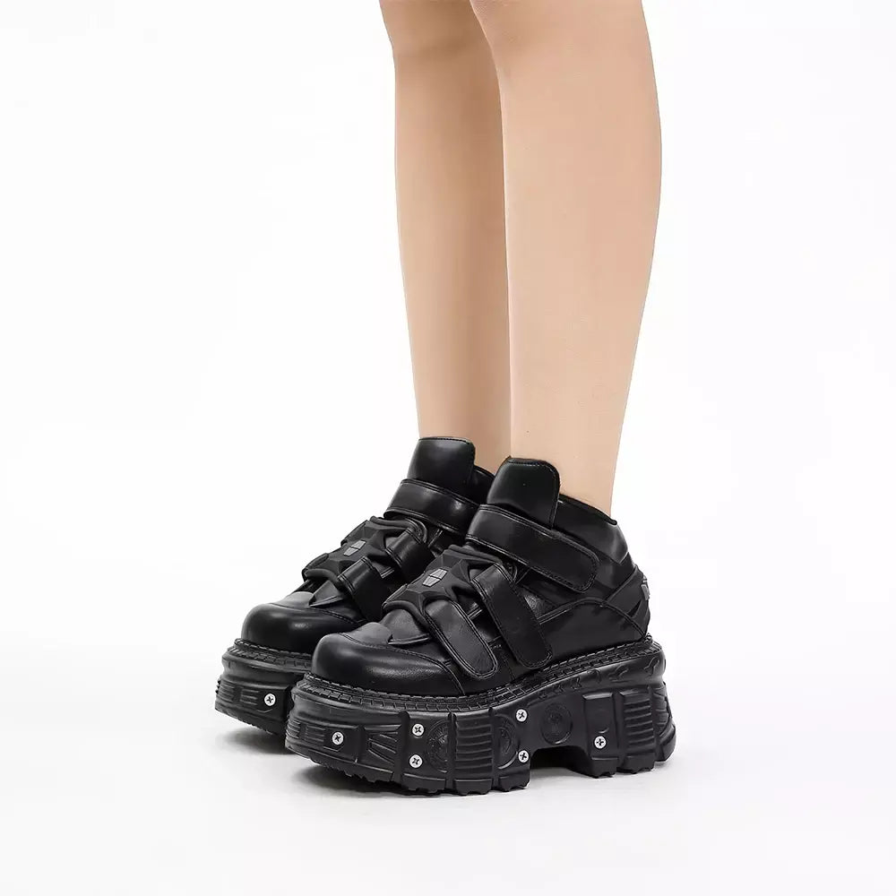 2025 novo estilo punk sapatos femininos rendas altura do salto 6cm sapatos de plataforma mulher decoração de metal mulher tênis gótico tornozelo botas de rock