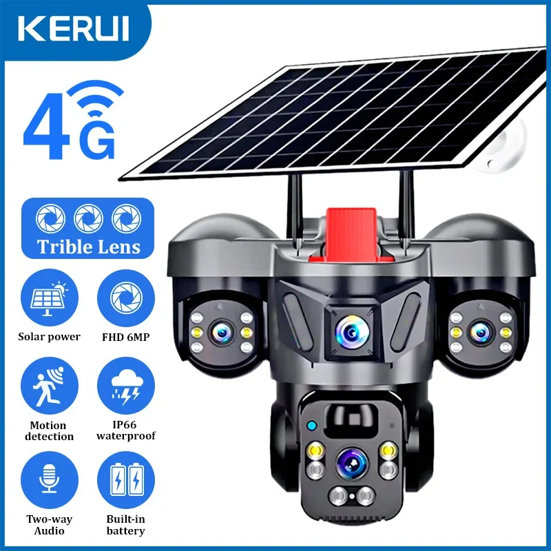 Kerui v380 pro ao ar livre ptz 6mp wifi 4g câmera solar de segurança em casa lente tripla câmera painel solar cctv vigilância vídeo