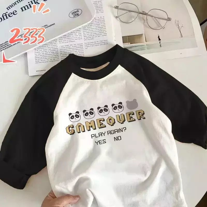 Camisetas de manga comprida de algodão puro para meninos e meninas, camiseta infantil, roupa de bebê, elegante, nova, primavera e outono