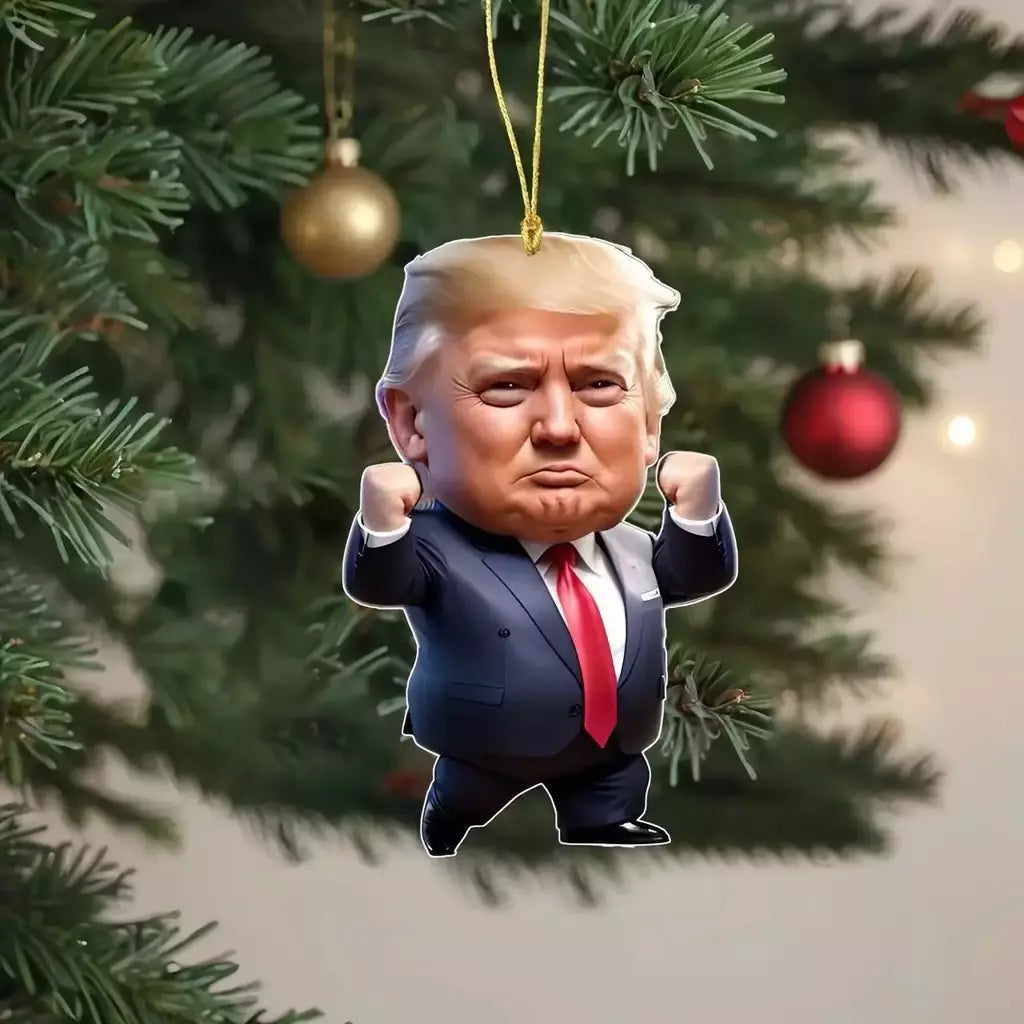 Natal acrílico pendurado ornamento para carro e árvore, pingente dos desenhos animados engraçados, Trump-Inspirado, presente perfeito do feriado, 1pc