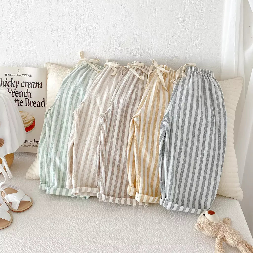 Calças listradas de algodão de linho vintage para meninos casual bolso design elásticos calças de cintura para criança menina roupas crianças