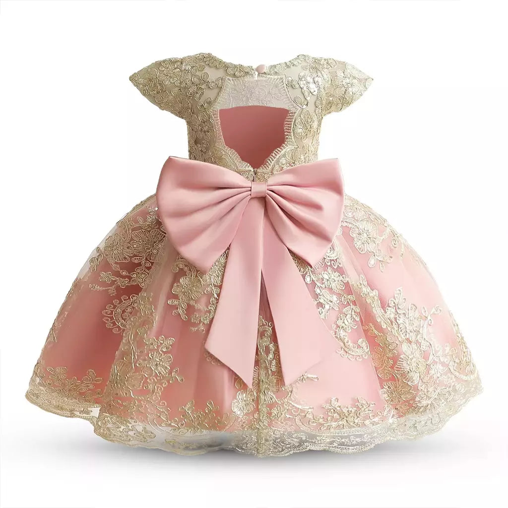 Bordado Elegante Crianças Princesa Vestidos para Meninas Luxo Golden Lace Vintage Crianças Festival Party Gown Bebê Batismo Vestidos