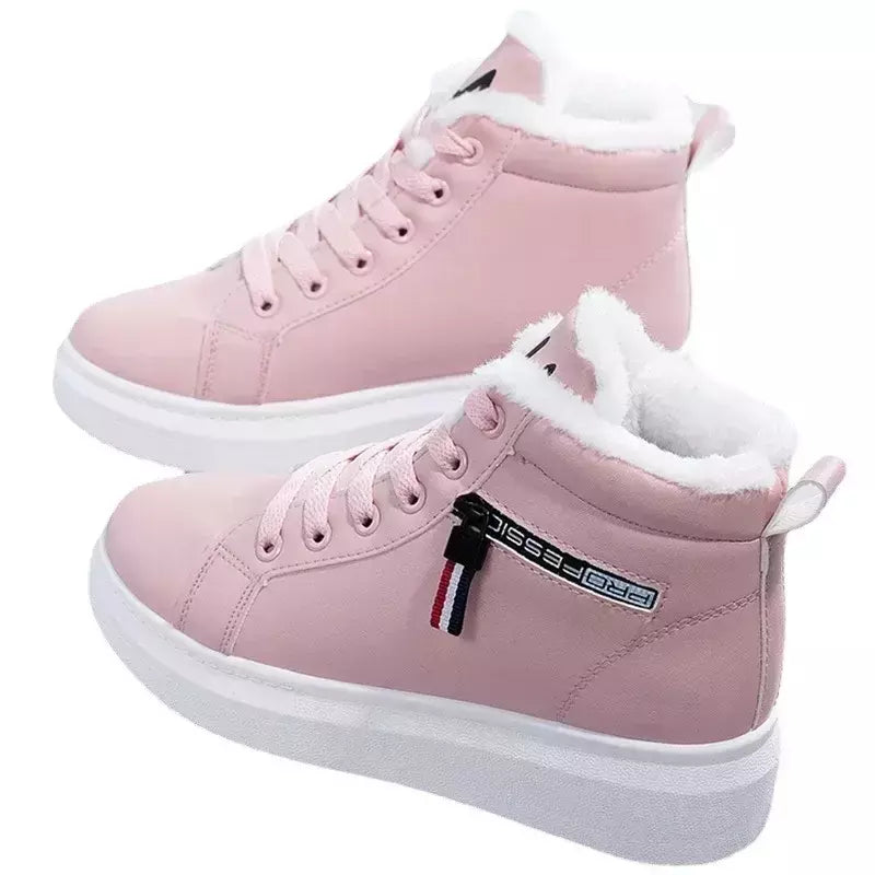 Botas de pelúcia quente PU para mulheres, sapatos de inverno, apartamentos, rendas, botas de neve curtas, senhoras, 2022