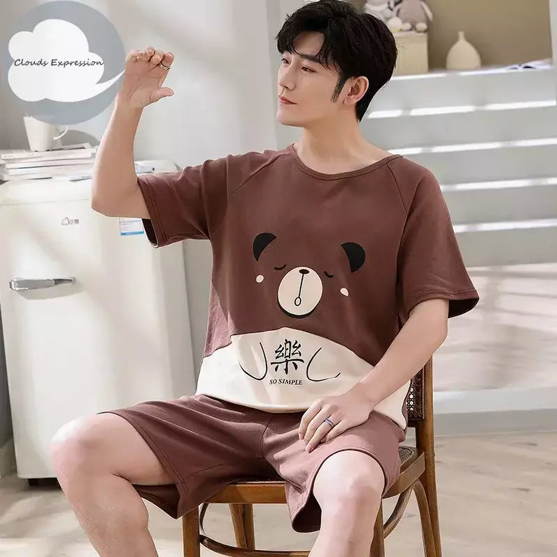 Desenhos animados pato impressão pijama conjuntos para jovens amantes, pijamas de algodão, ternos curtos para casais, moda homewear, verão, 4XL