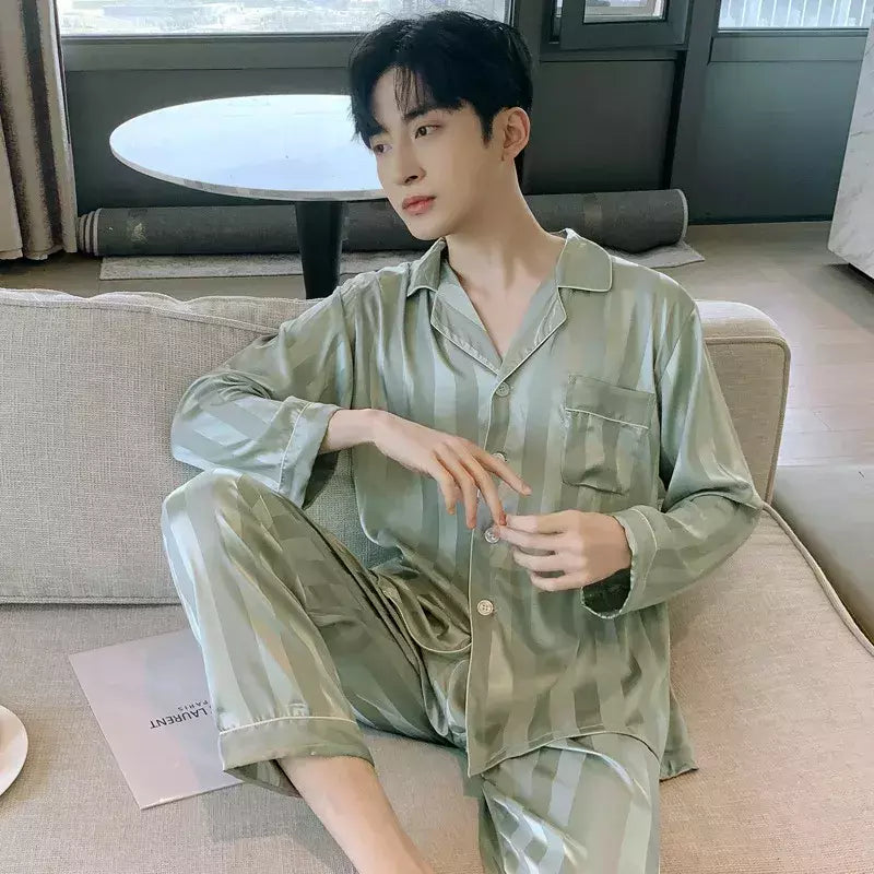 Conjuntos de pijama masculino de cetim de seda manga comprida, pijamas masculinos, camisola estampada, Casa, Soft Cozy Sleepwear Calças, Novo