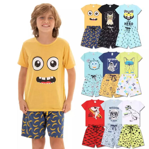 Kit Sortido 4 Peças Pijama Infantil Menino Manga Curta Atacado 1 Ao 10 - 2 Conjuntos Pijamas Infantil para Meninos