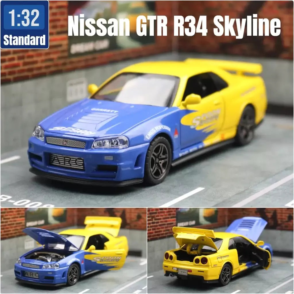 1/32 nissan skyline gtr r34 jdm modelo de carro de brinquedo diecast veículo em miniatura som & luz puxar para trás coleção presente crianças menino
