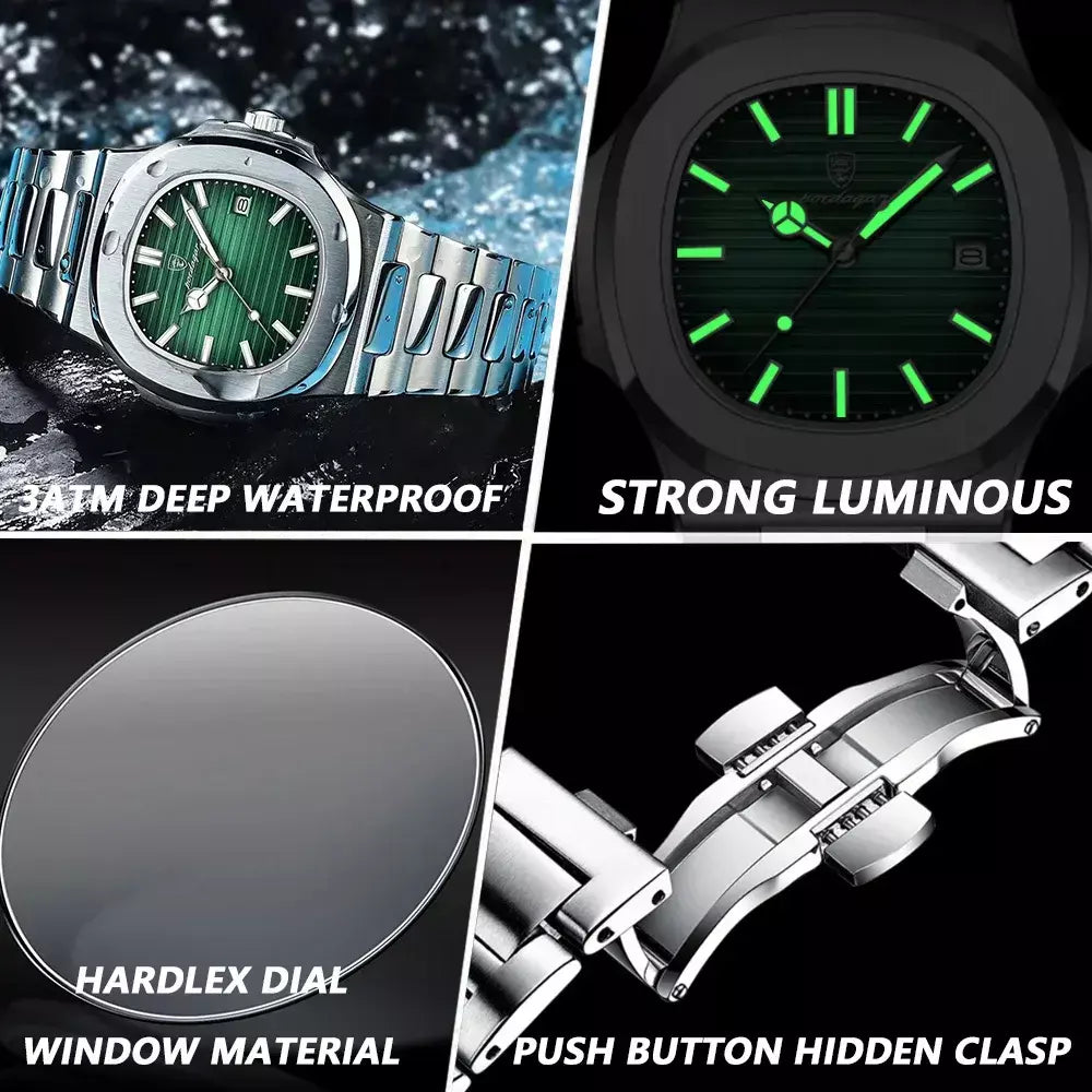 Poedagar quadrado na moda relógio de pulso masculino luminoso à prova dwaterproof água relógio de aço inoxidável para homem data quartzo negócios relógios masculinos reloj