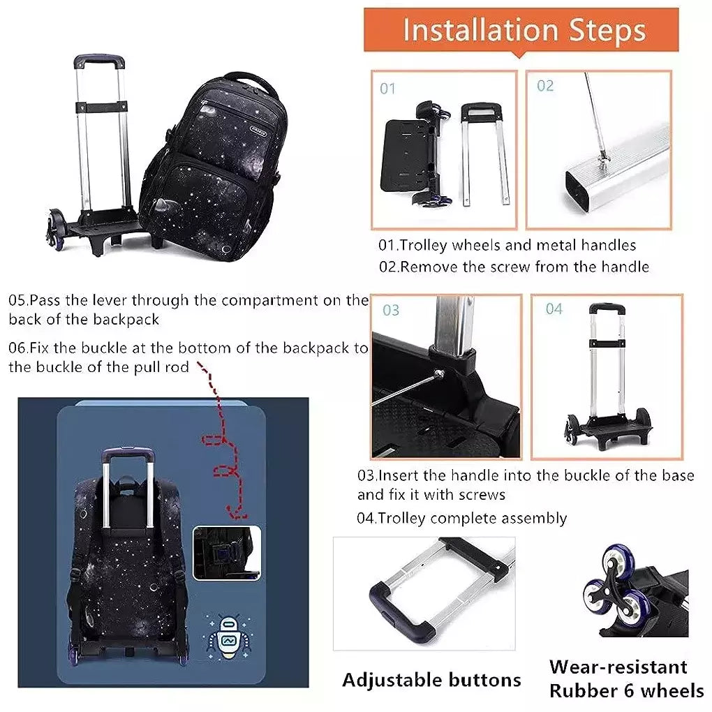 Mochila escolar com rodas para crianças, Mochila de rolamento para menino, Mochila escolar com rodas, Mochila de bagagem de mão, 6 rodas