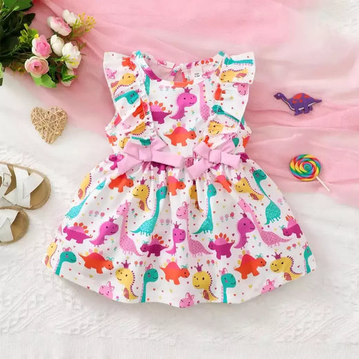 Vestido sem mangas de dinossauro pequeno para menina, saia legal dos desenhos animados, adequado para o verão à beira-mar e areia, moda para criança, 0 a 3 anos