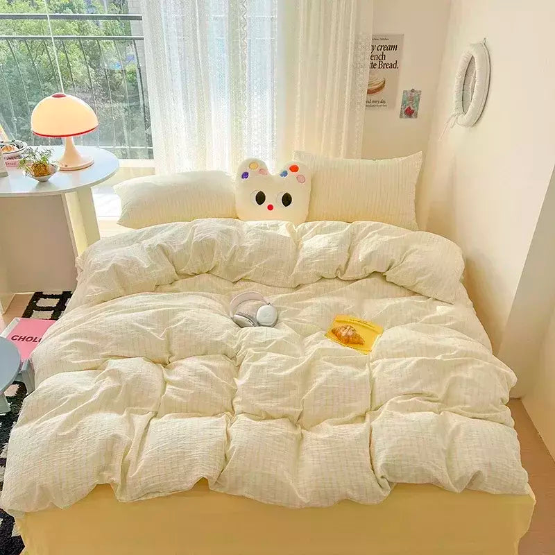 Conjunto de cama simples Pink Stripe para adultos e crianças, lençol de algodão lavado, fronha, roupa de cama completa Queen, conjunto de capa de edredão, sem enchimento