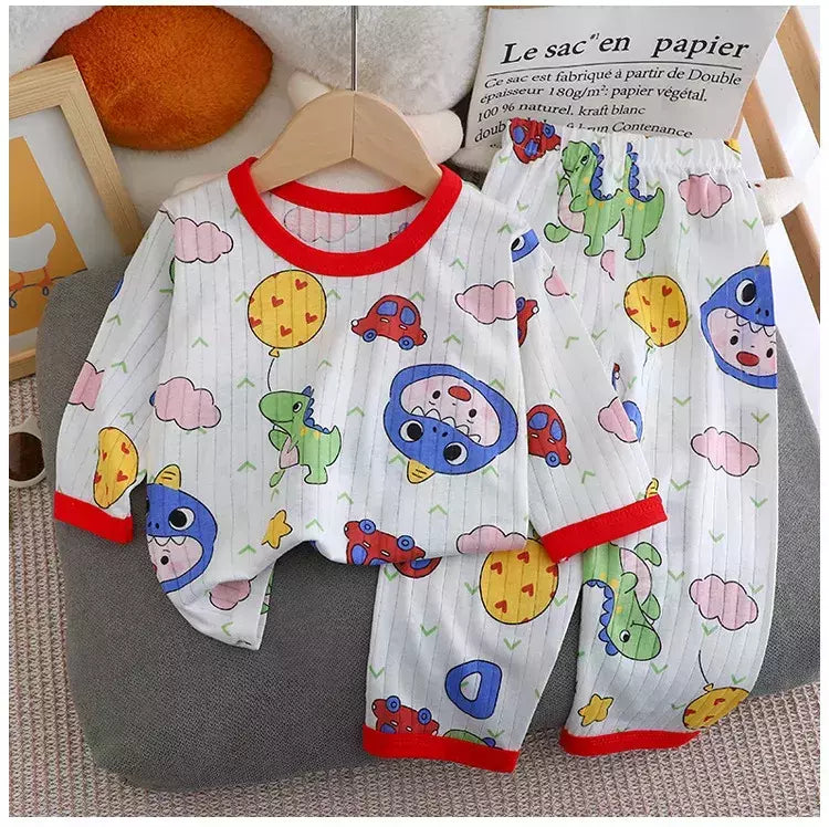 Pijama de algodão puro para meninos e meninas, camiseta fina de manga comprida, tops e calças lindos desenhos animados, conjuntos de roupas infantis, verão, novo, 2022
