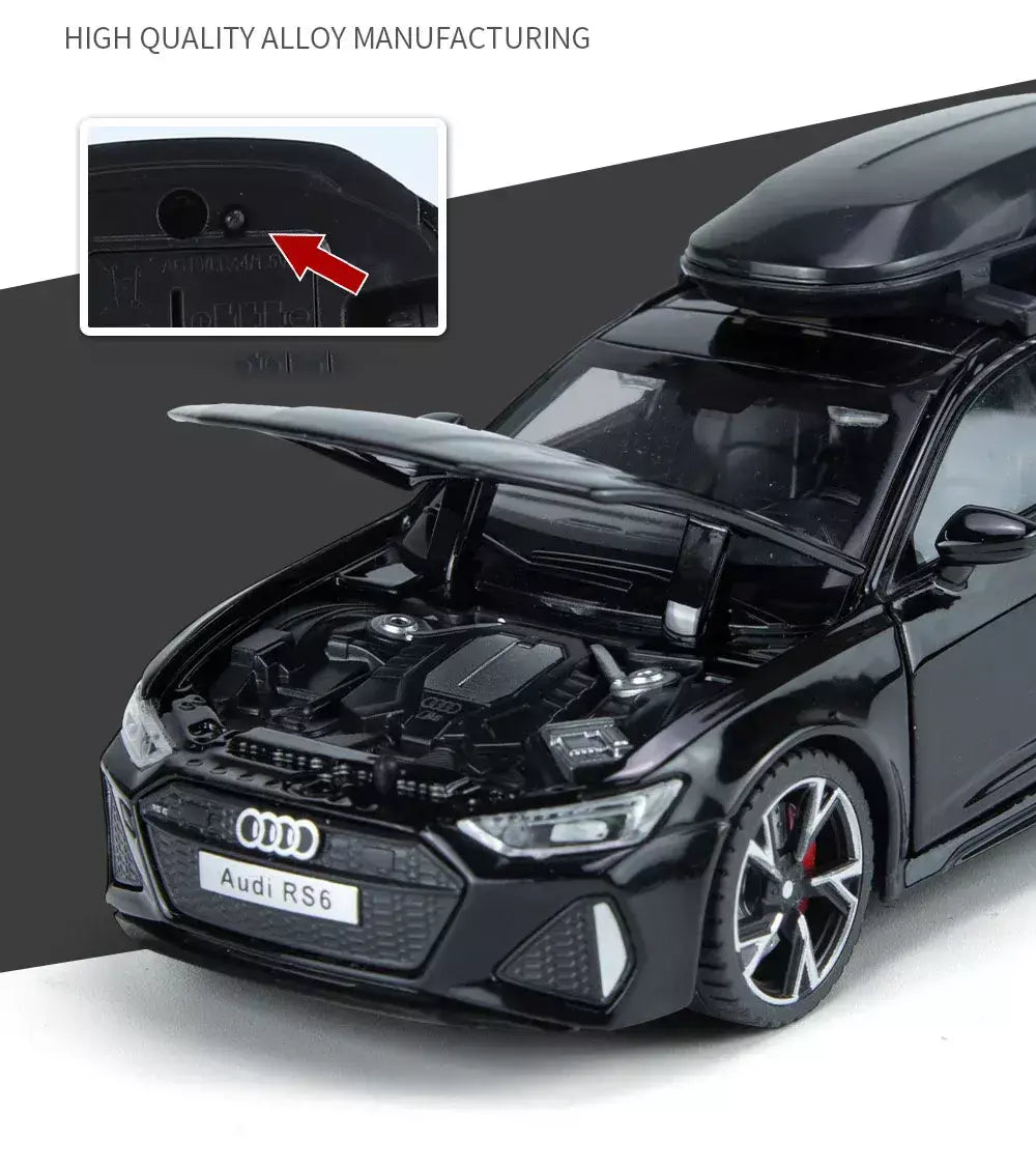 1:32 Audi RS6 Modelo de carro de brinquedo com portas de som e luz, modelo fundido de liga aberta, coleção de veículos para meninos e adultos, presente de festival