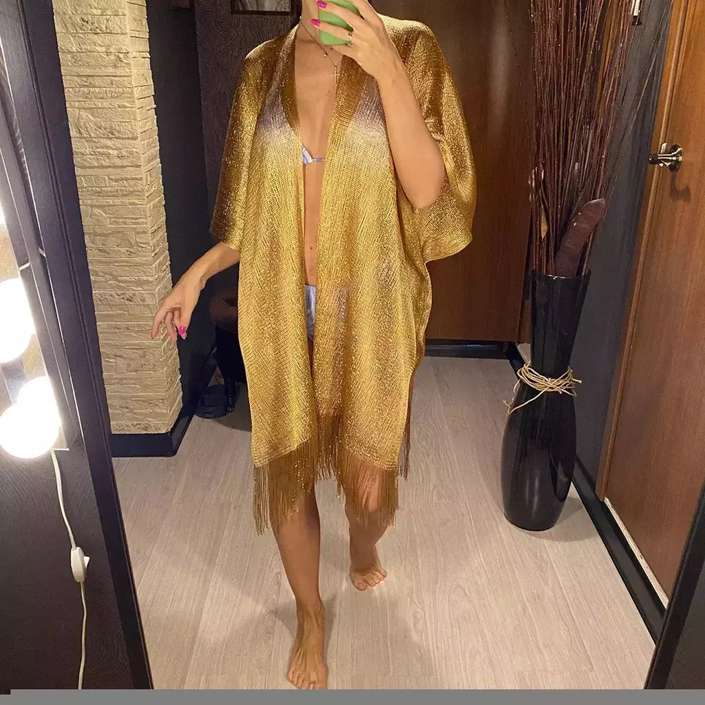 Moda borla ouro bikini cobrir sexy vestido de praia túnicas para mulheres beachwear verão cover-ups kaftan vestido de noite xales