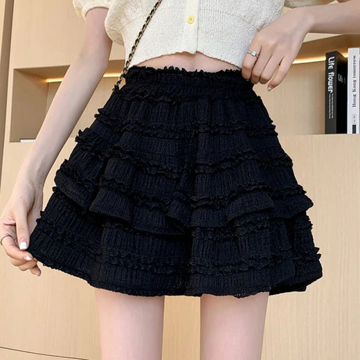Gidyq-Mini saia de renda fofa para mulheres, babados brancos kawaii, saias plissadas, cintura alta coreana, casual preta, linha A, verão