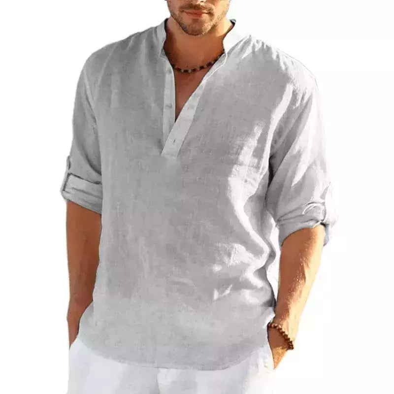 Camiseta de linho manga comprida masculina, monocromática, solta, casual, respirável, camisas de algodão, streetwear leve, designer, nova