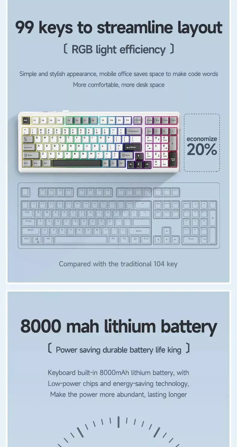 Aula f99 teclado mecânico para jogos, três modos, 2.4g, sem fio, bluetooth, com fio, troca quente, junta pbt, rgb para jogos, digitação, 99 teclas