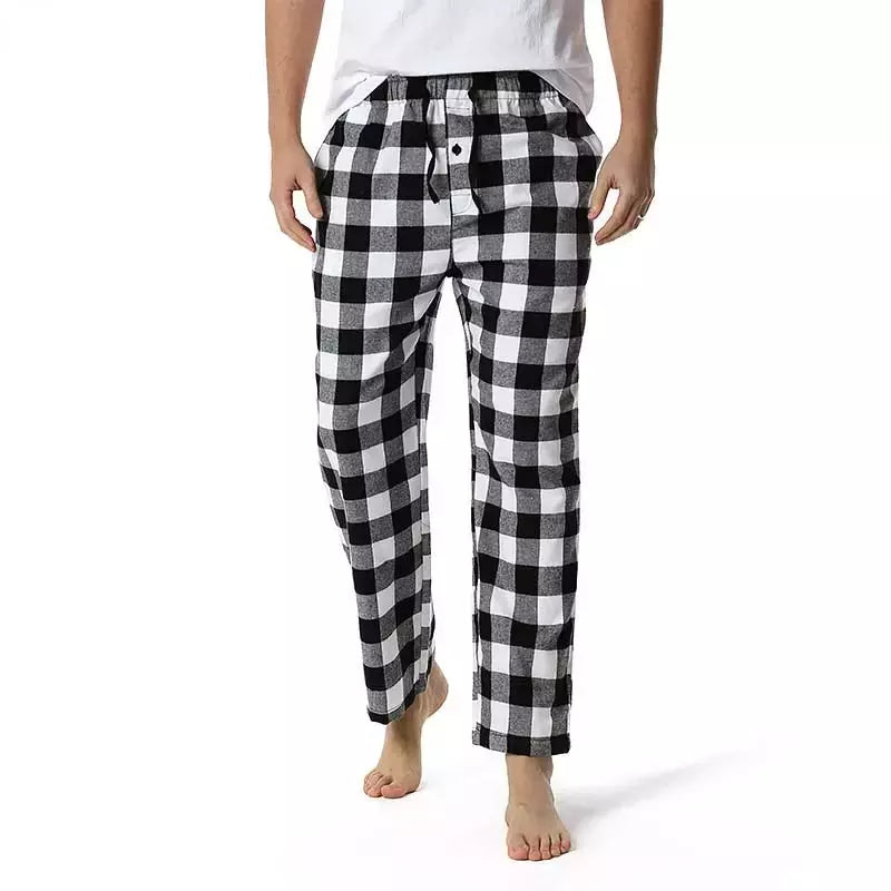 Branco preto xadrez pijama calças inferiores homens relaxando confortável macio algodão flanela casa wear respirável flanela pijama homme