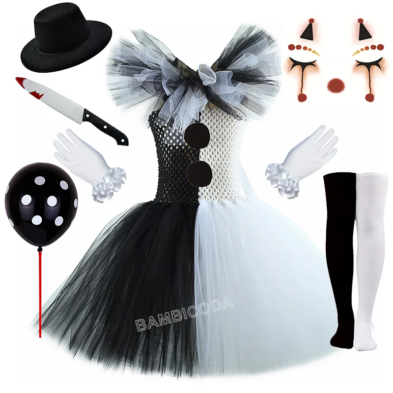 O traje de palhaço terrível arte menina preto branco fantasia tutu vestido horror coringa vestido para meninas trajes de festa de carnaval de halloween