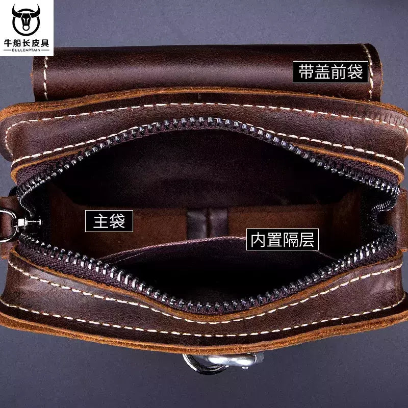 BULLCAPTAIN-Pacotes de Cintura de Couro Genuíno para Homens, Cinto Casual, Bolsa de Telefone Móvel 100% Couro Pequena Bolsa de Ombro