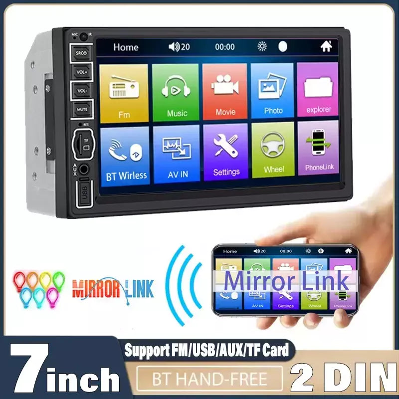 7 Polegada hd tela de toque rádio estéreo do carro-2 din mp5 multimídia player suporte espelho link B-T tela toque ir controle remoto