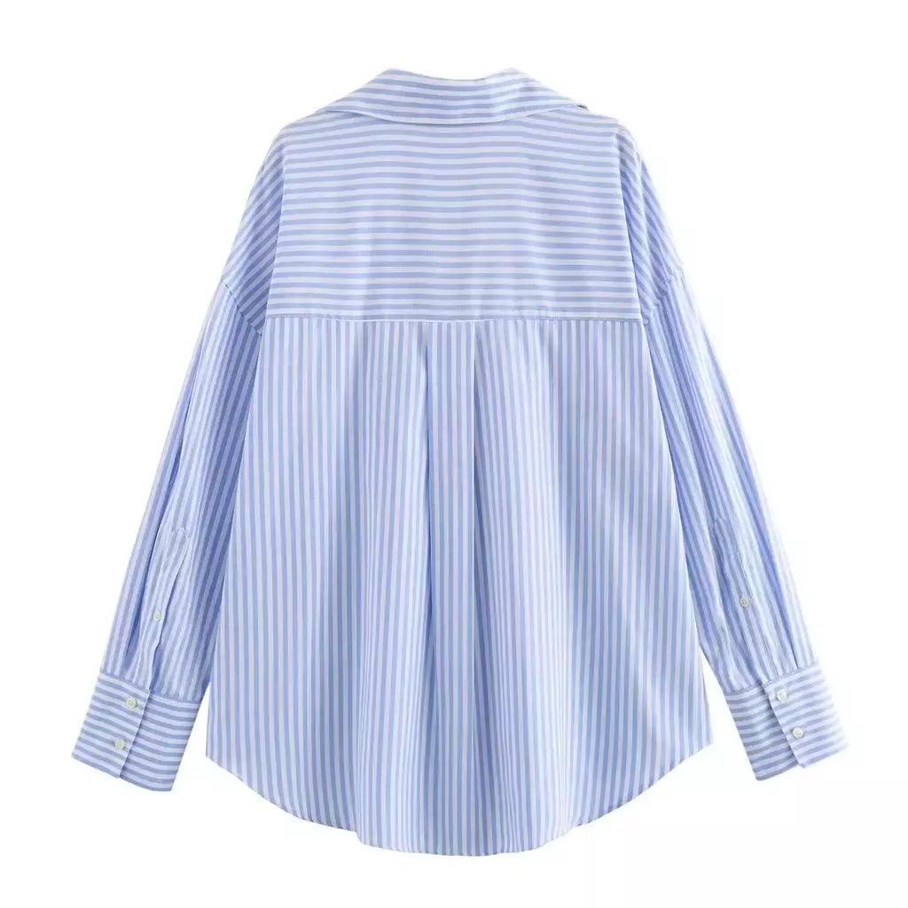 TRAF-Blusa Feminina de Algodão Lapela de Peito Único, Camisa Feminina, Tops de Manga Comprida Oxford, Chique Street Clothing, Moda Primavera