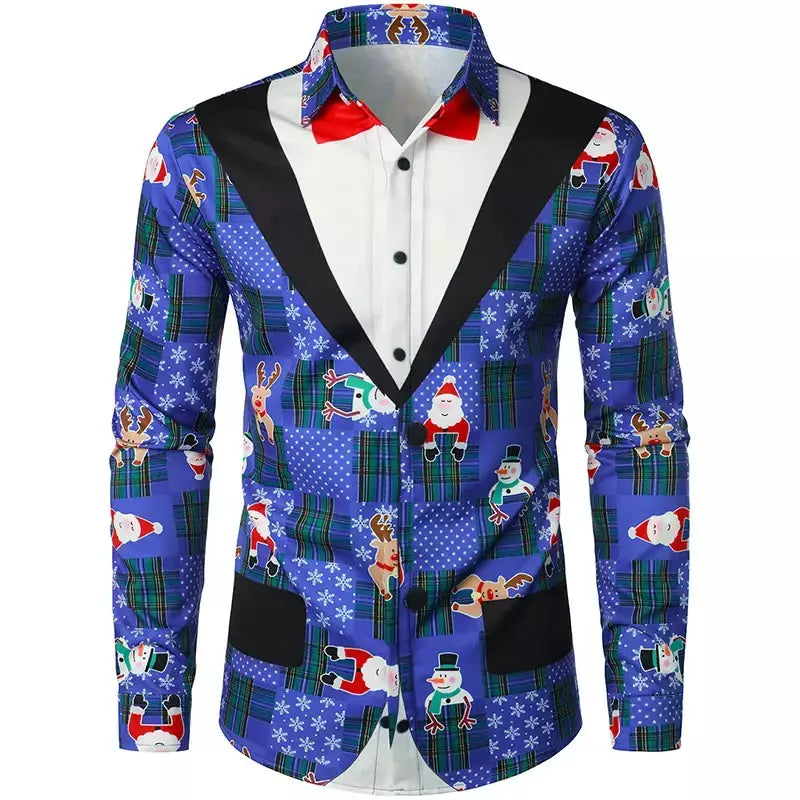 Engraçado feliz natal lapela camisas masculinas papai noel cosplay gráficos camisas de manga comprida, roupas masculinas ternos falsos camisas