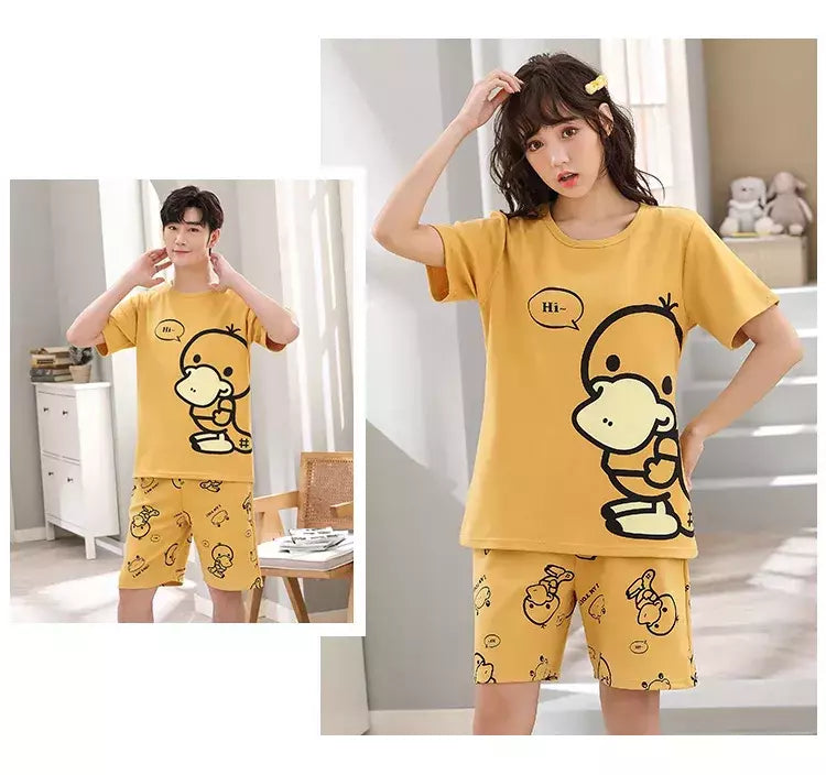 Desenhos animados pato impressão pijama conjuntos para jovens amantes, pijamas de algodão, ternos curtos para casais, moda homewear, verão, 4XL