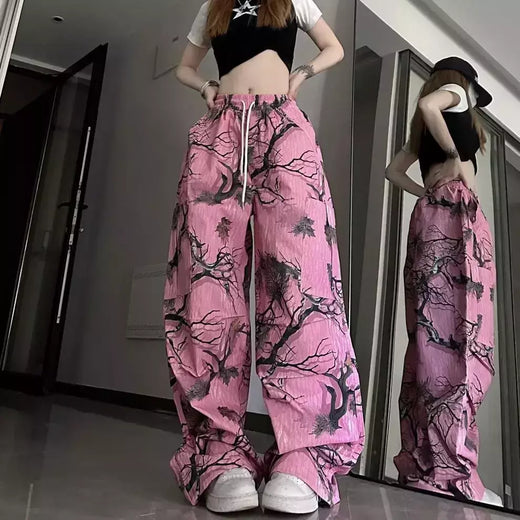 Calça casual com graffiti vintage masculina e feminina, estilo americano, estampa de camuflagem, bolso, calça de perna reta, estilo coreano, 2023