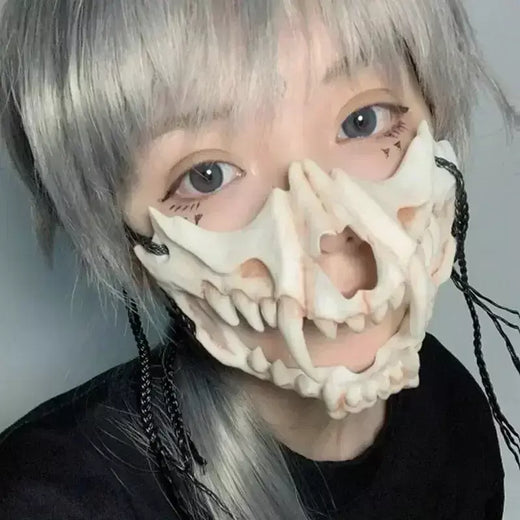 Festa crânio máscara dentes longos demônio esqueleto meia máscara facial lobo dragão tigre houjuu nue máscara cosplay traje de halloween adereços