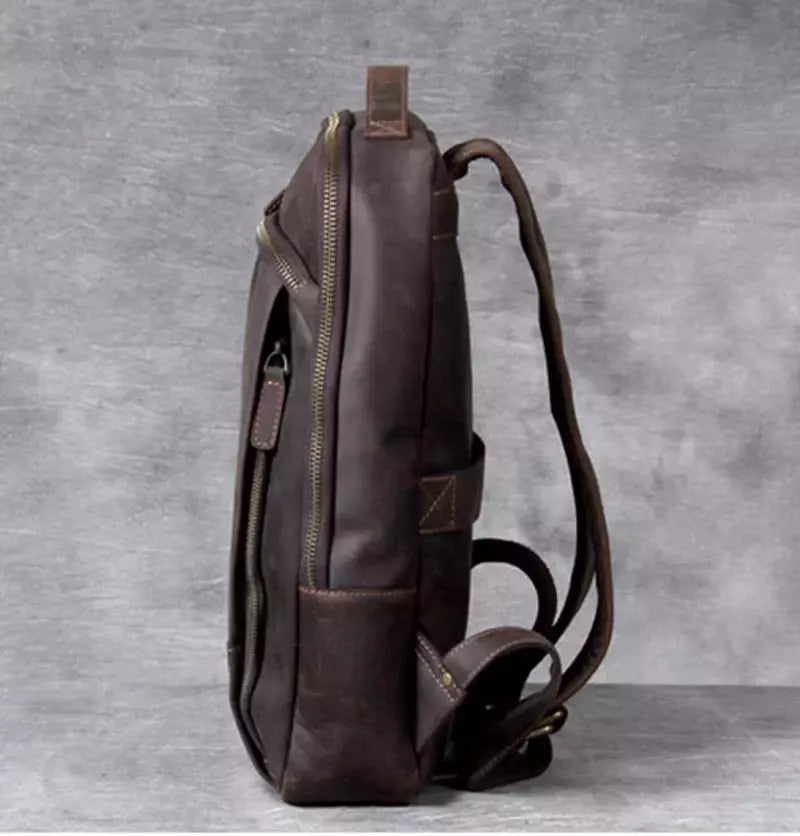 Mochila de couro genuíno para homens, cavalo louco vintage mochila para laptop grande mochila diária mochila de viagem mochila para caminhadas