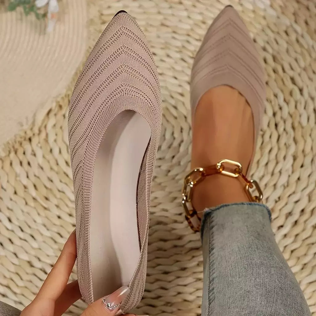 Sapatos baixos de dedo apontado para mulheres, Cor sólida, Sapatos de malha, Mocassins casuais, Sapatilhas respiráveis