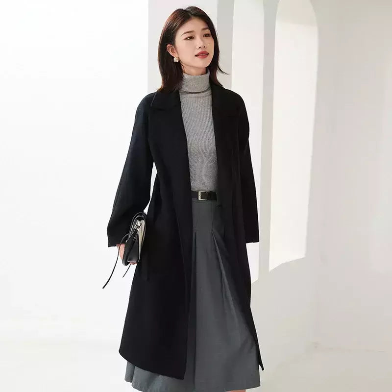 Casaco de lã dupla face feminino com cinto, fivela, 10% casaco de caxemira, cintura amarrada, top longo, moda outono e inverno, 90% lã, novo