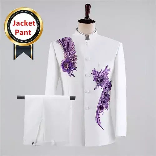 (Jaqueta + calça) moda masculina palco desempenho vestido ternos 2025 novo masculino estilo chinês levante-se colarinho decalque blazer e calças
