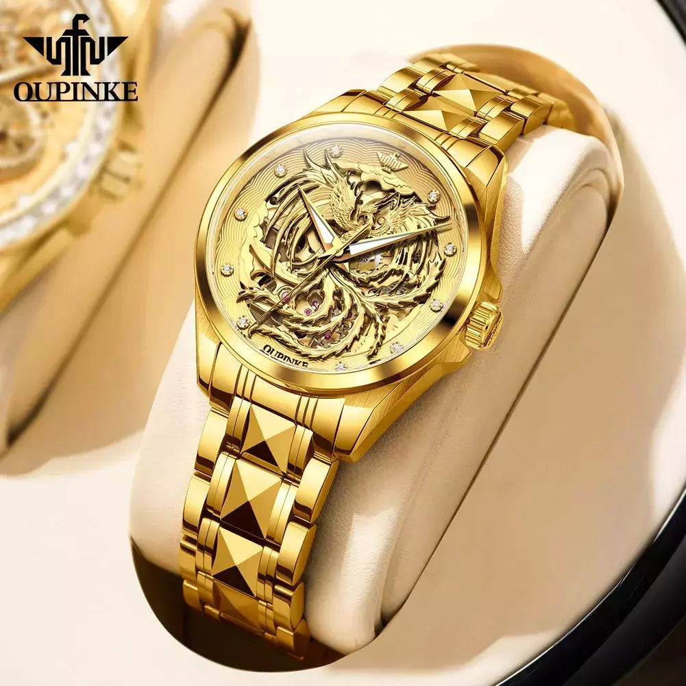 OUPINKE-impermeável relógio mecânico automático para casal, tungstênio tira de aço, movimento importado, dourado, luxo, original