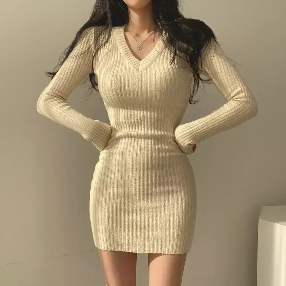Vestidos para mulheres nova manga longa com decote em v magro vestido feminino pacote de malha hip vestido feminino vestidos de verano mujer 2025 q1082