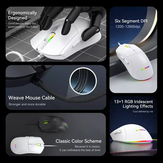 Mouse para jogos com fio ICEDI GM501, 12800 DPI, taxa de pesquisa de 1000 Hz, 6 efeitos RGB, design ergonômico para controle de precisão