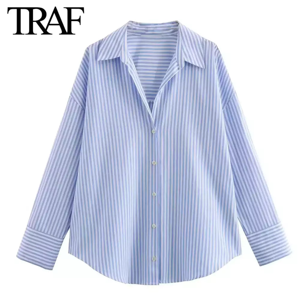 TRAF-Blusa Feminina de Algodão Lapela de Peito Único, Camisa Feminina, Tops de Manga Comprida Oxford, Chique Street Clothing, Moda Primavera