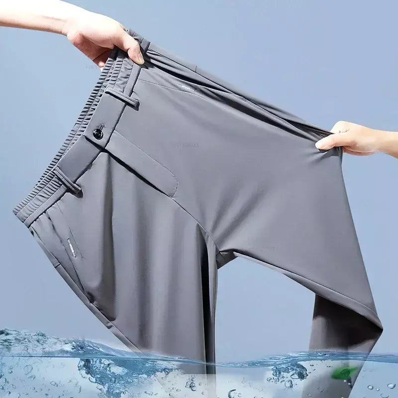Calças casuais masculinas elásticas ultrafinas verão de secagem rápida seda gelo magro em linha reta negócios cor sólida preto cinza