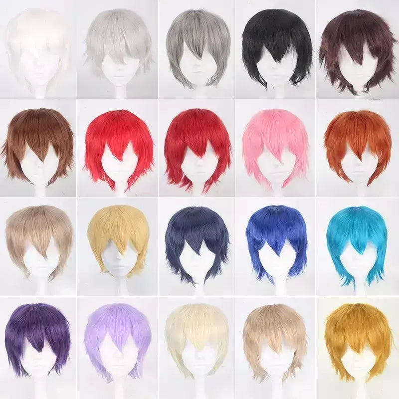Masculino feminino sintético anime cosplay perucas de cabelo curto e reto resistência ao calor multicolorido vermelho branco rosa cinza marrom
