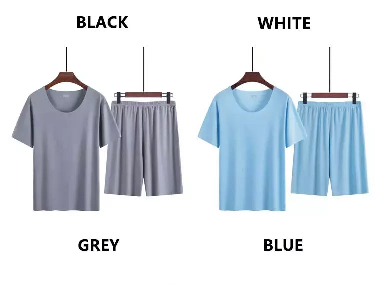 Verão pijamas masculinos terno fino gelo casa roupas traceless manga curta shorts em torno do pescoço casual roupas de verão