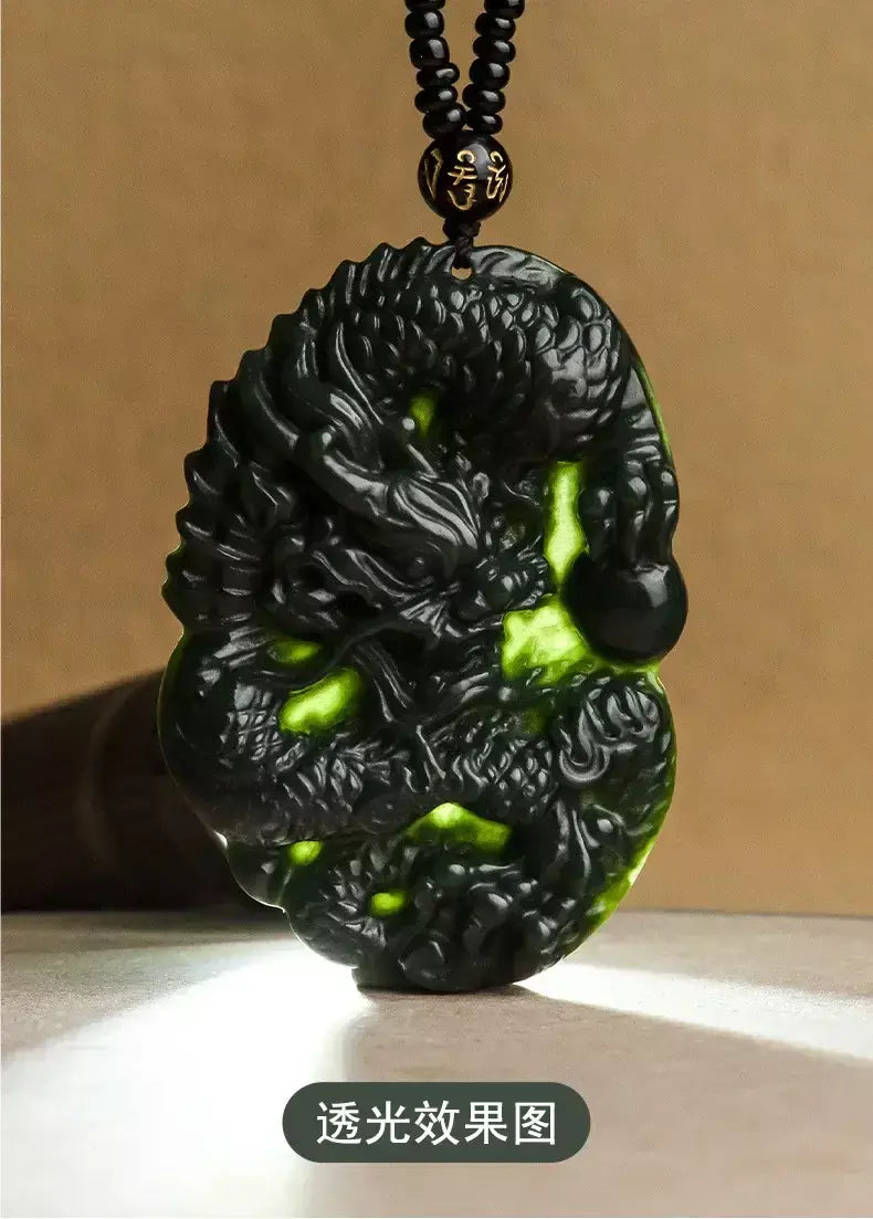 Velho hotan jade ciano pingente jadeite dragão rei marca zodíaco colar dominador masculino mão esculpida jóias presente high-end