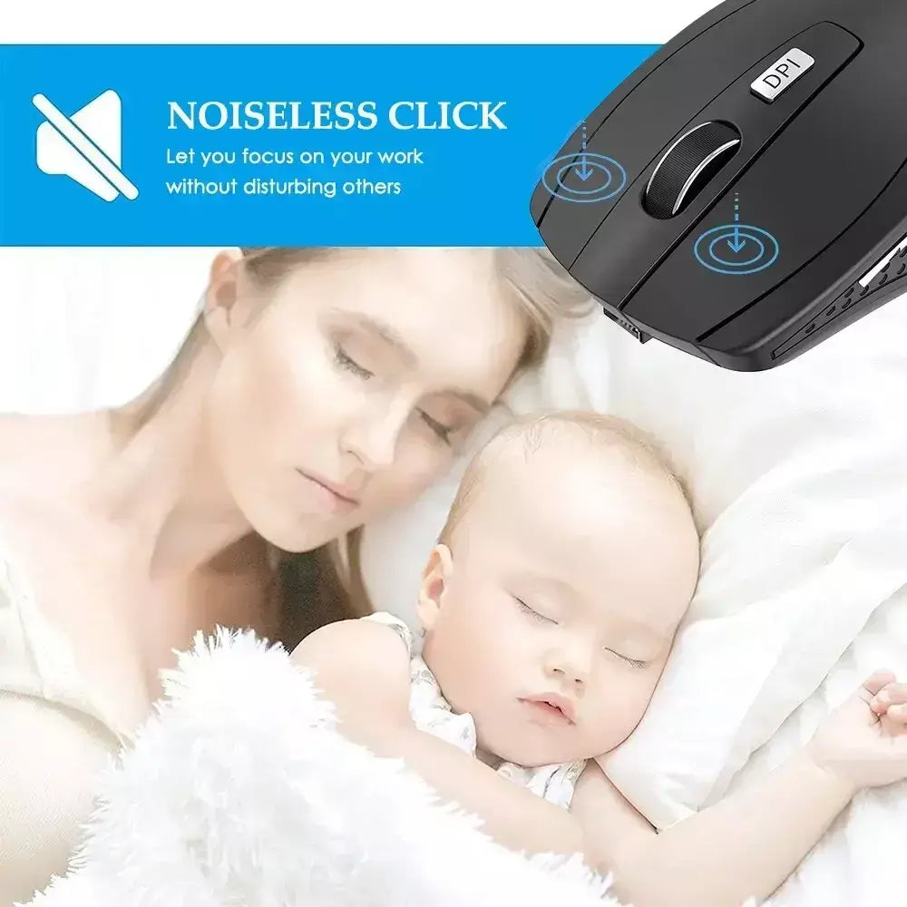 Mouse silencioso sem fio 2.4G, mouse óptico portátil de escritório alimentado por bateria com níveis de DPI ajustáveis, adequado para laptops.
