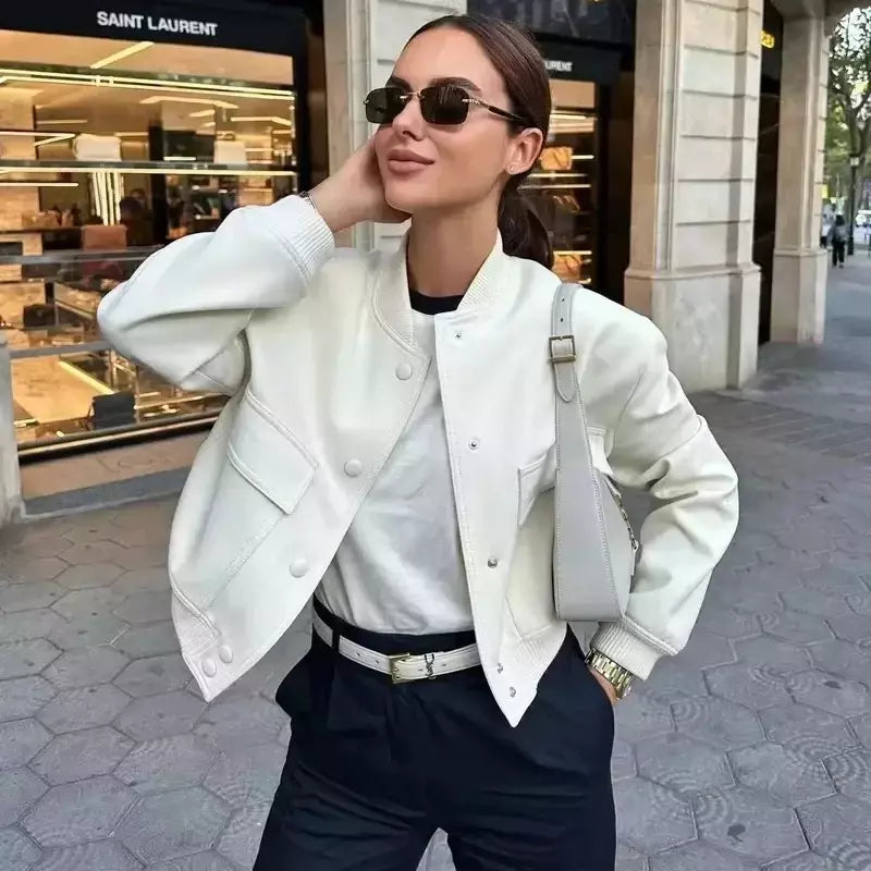 Jaqueta Bomber Cropped feminina, Casaco de manga comprida, Beisebol de botões, Casaco Aviador, Preto, Branco, Outono, Inverno