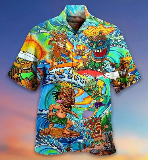 Camisas Tiki de mangas curtas masculinas, estampa 3D, tendência legal da moda, tops havaianos para festas na praia, tops soltos e respiráveis, 2024
