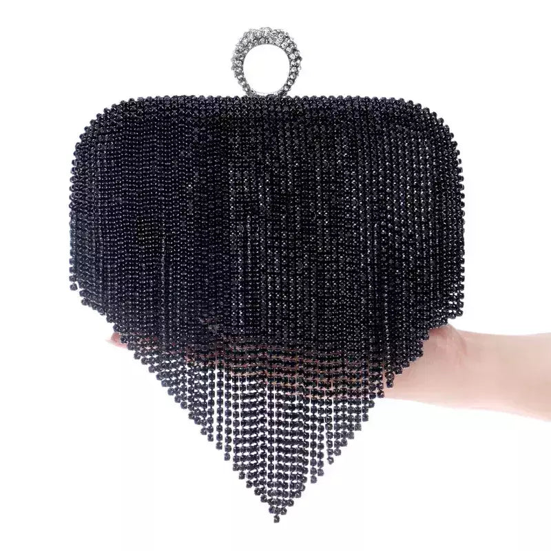 Embreagem de borla de diamantes brilhantes para mulheres, bolsa caixa de metal, bolsa de festa noturna, alça redonda, moda